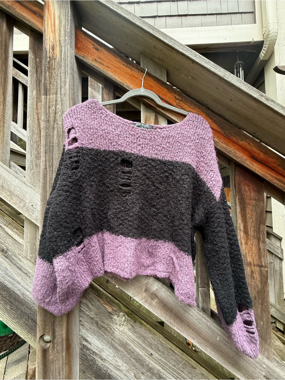 Disturbia Lavender and Black Off-Shoulder Distressed Sweater